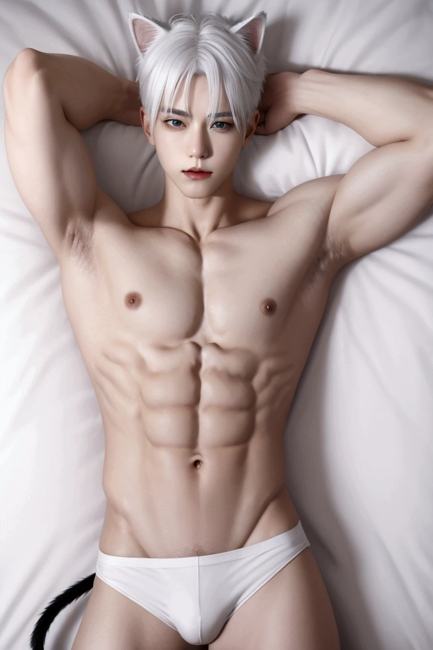 A young boy with white hair,handsome with cat ears,Not wearing pants, bare upper body,revealing abs and chest muscles,Slender long legs,It's big underneath,Lying in bed