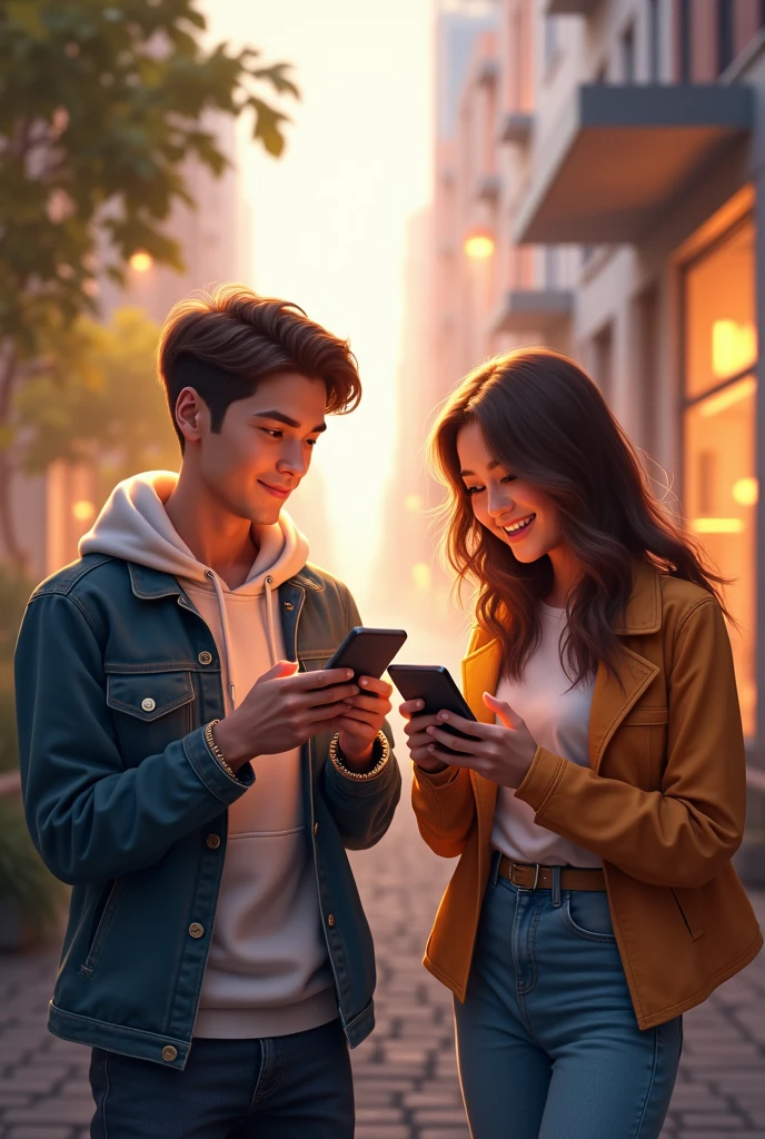 Create a digital image of a visually appealing and realistic scene that depicts two young couples, each composed of a man and a woman, Standing or sitting together, talking while using their mobile phones. Couples should be dressed in modern and casual attire, suitable for a contemporary environment. Make sure the image is of high quality, well lit and visually appealing. The focus should be on the couples' facial expressions, in body language and the devices they are using to convey a sense of conversation and connectivity.”