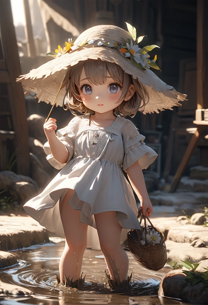 Rural Scenery, The girl wanders through the mud, Light of the sun, far,{{ Perfect balance of facial features}},{{masterpiece}}, {{{Highest quality}}},{{Very detailed}}, {{figure}},{{masterpiece}},{{{Highest quality}}},{{Very detailed}}, {{{figure}}},Distinct facial features,Beautiful views,フォトrealism,realism,Realistic,Attention to detail,super high quality,High resolution,Trending on Art Station,ハイパーrealism,High resolution,16K,Unreal Engine,Expressed in octane number,Corona Rendering,Tilt Shift,底面figure,Rembrandt Lighting,
