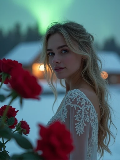 Masterpiece, ultra realistic. First low third of the image is full of blurry red roses. Behind the roses is a leaning forward an ultra hot gorgeous European woman, age 23, wavy blonde hair, sheer lace, she’s smelling the roses with a subtle smile. Background a snowy village in a winter night with northern lights.