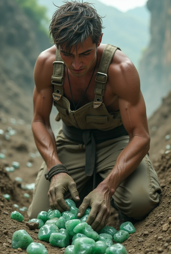 Europian young slim body guy,mining jade,full boy with clothes,sweating,hardworking,wide view,not looking camera