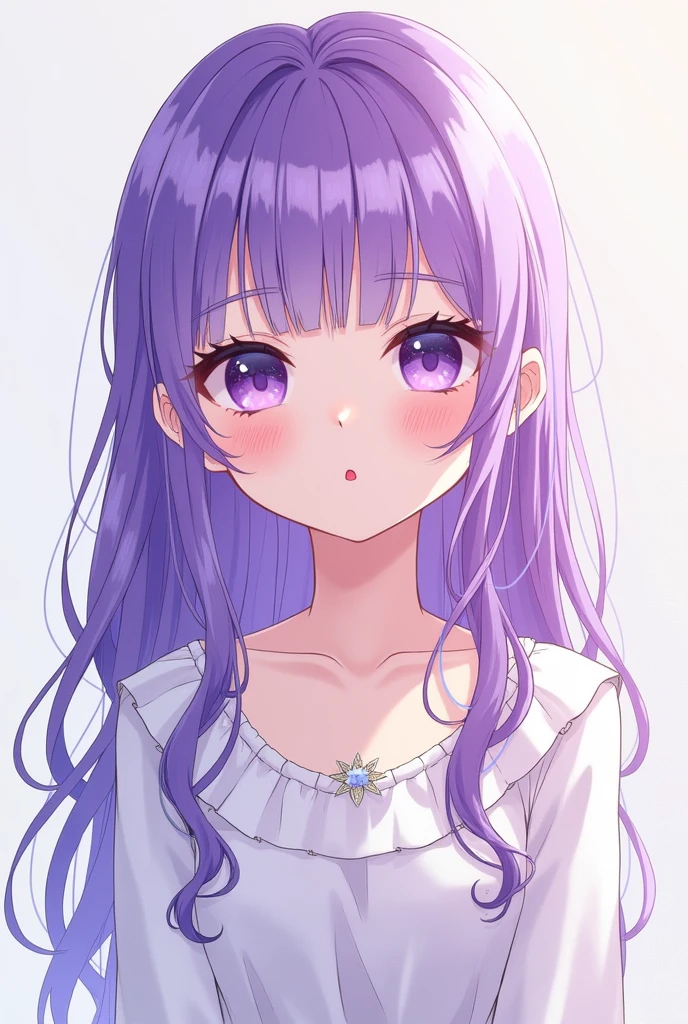 Girl with purple hair and purple eyes, but with bangs on her forehead and a youthful look, that's perfect. However, I want her to look like a Korean manhwa, not Japanese, and I want her hair to be straight, not wavy. That's all, I just want to see her full body.
