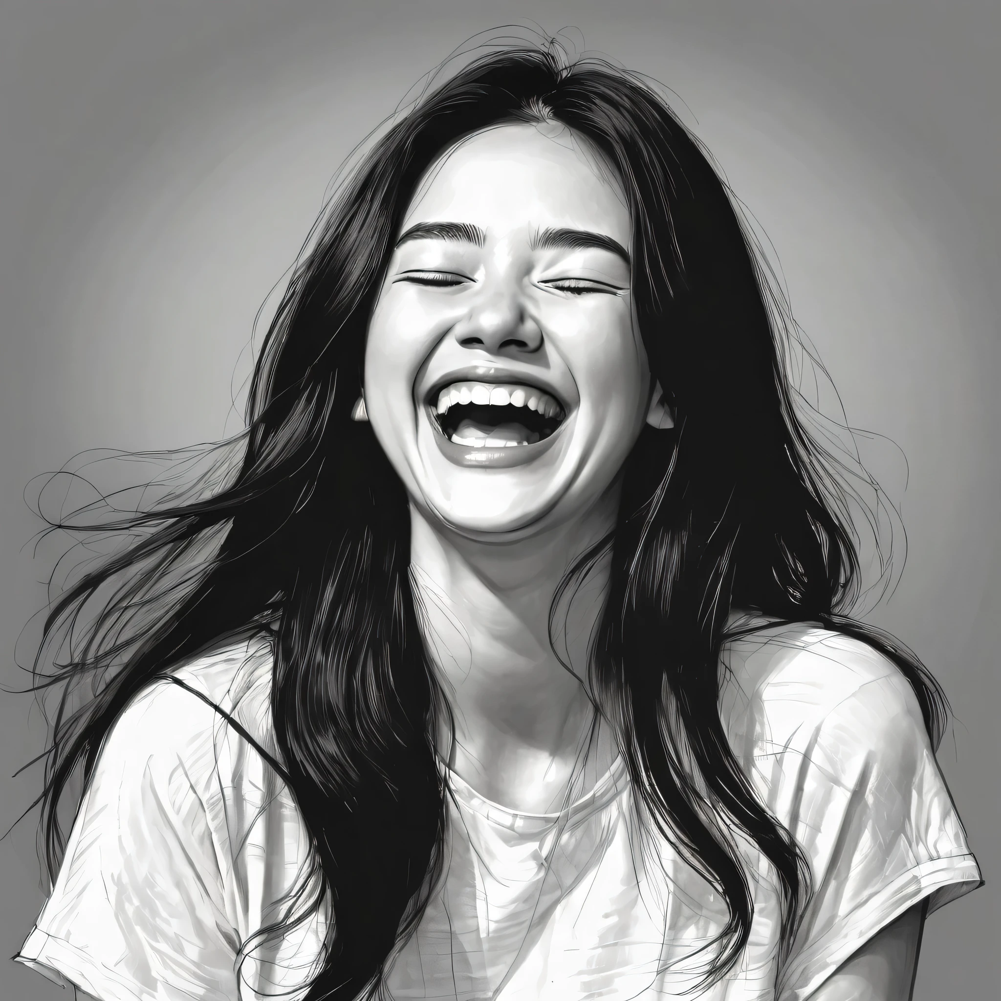 A beautiful girl laughing, trying to stay calm but unable to suppress her laughter, Long black hair, closed eyes, realistic pen drawing, approximate illustrative sketch, masterpiece