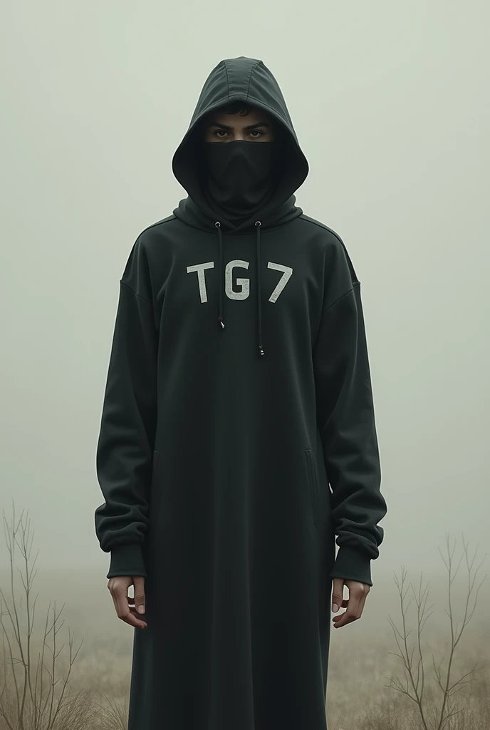 A young man with his back to the camera, wearing a long black hooded sweatshirt and a balaclava.,The blouse says TG7.