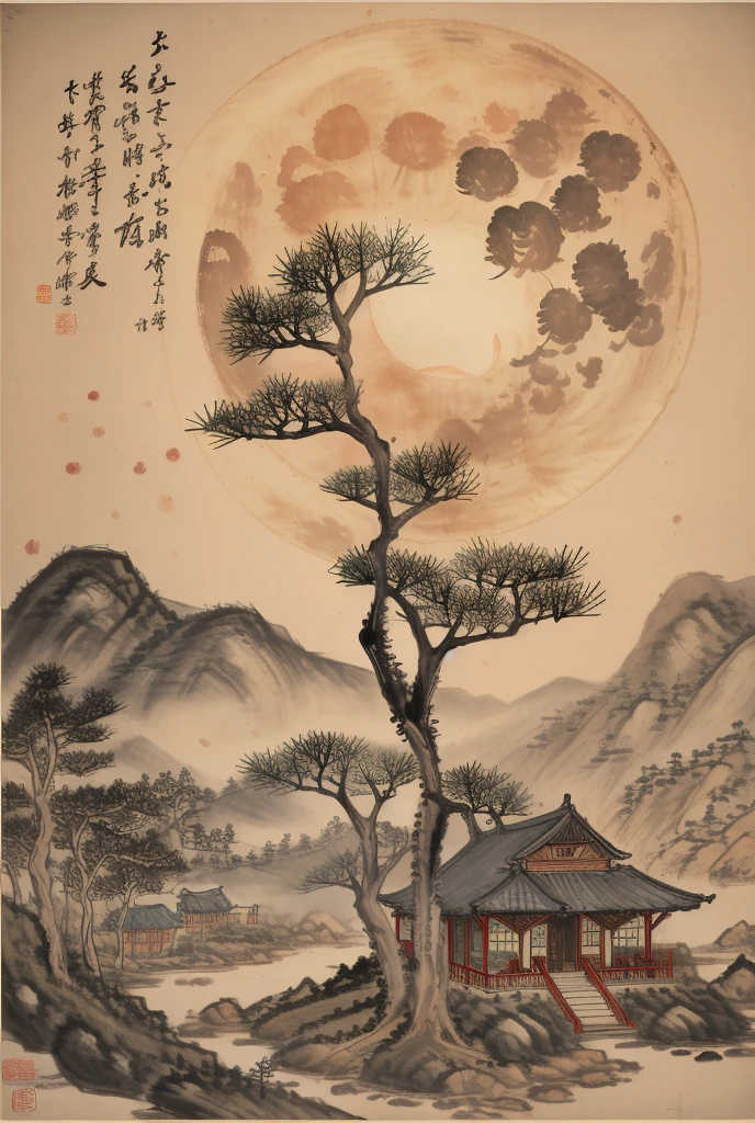 Chinese painting landscape, Mid-Autumn Festival, a large moon, detail, there is a pine tree, house
