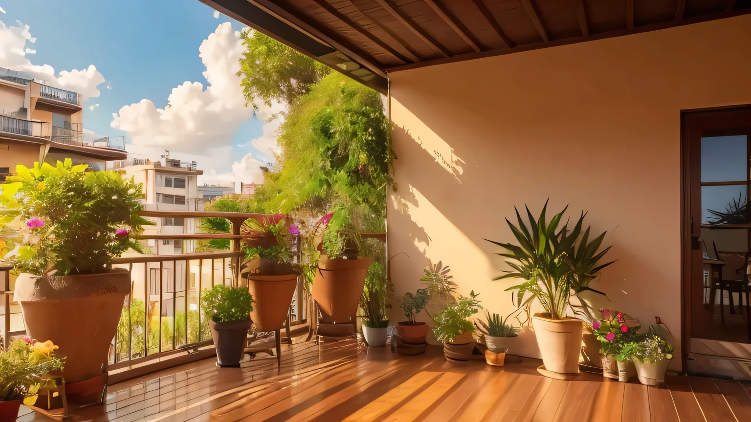 potted plants lined up on the spacious balcony,　The gentle rays of the sun