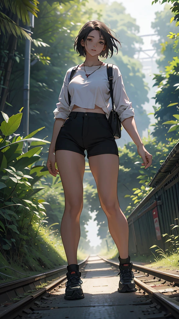 A young woman is walking on the train tracks in the middle of the forest. She is wearing short sexy clothes. Her hips are big. It is evening and it is sunny.