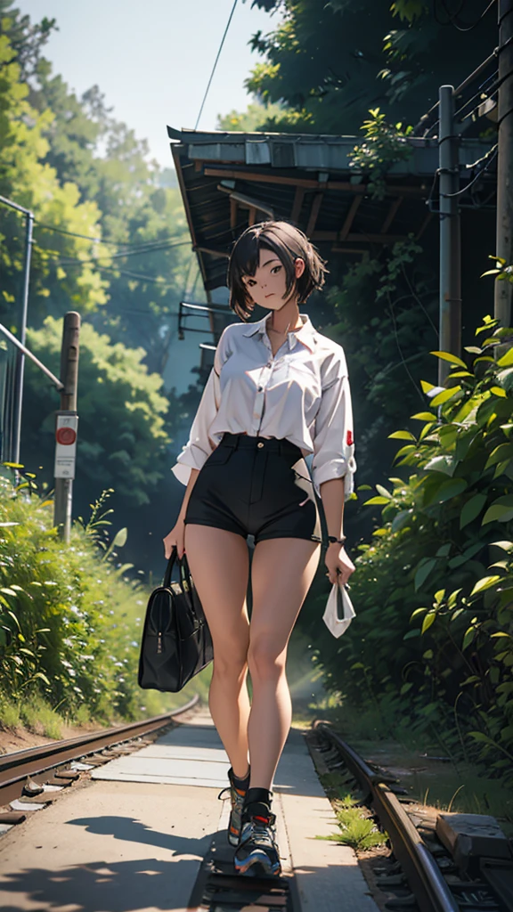 A young woman is walking on the train tracks in the middle of the forest. She is wearing short sexy clothes. Her hips are big. It is evening and it is sunny.