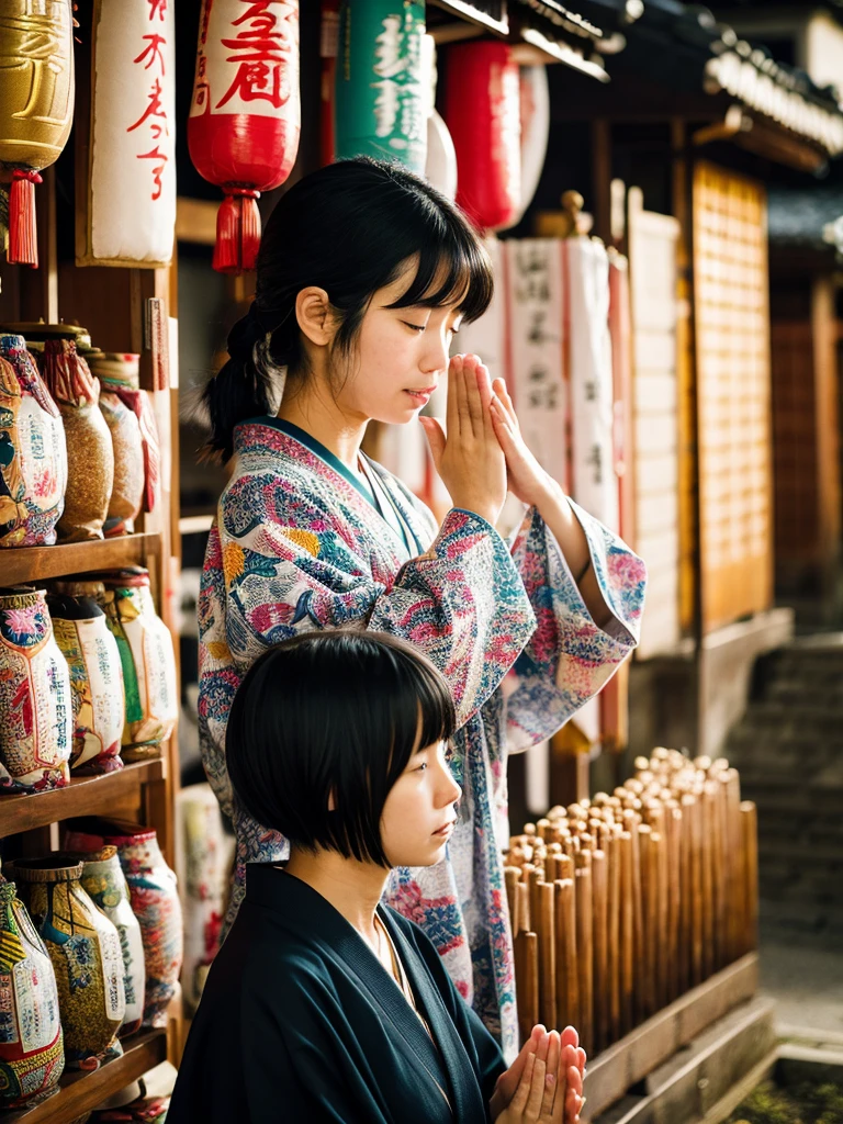 A black-haired Japanese woman praying at a shrine
Fireworks
Pale, single-colored yukata