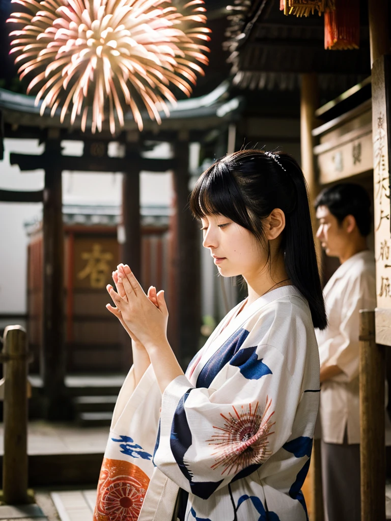 A black-haired Japanese woman praying at a shrine
Fireworks
Pale, single-colored yukata
