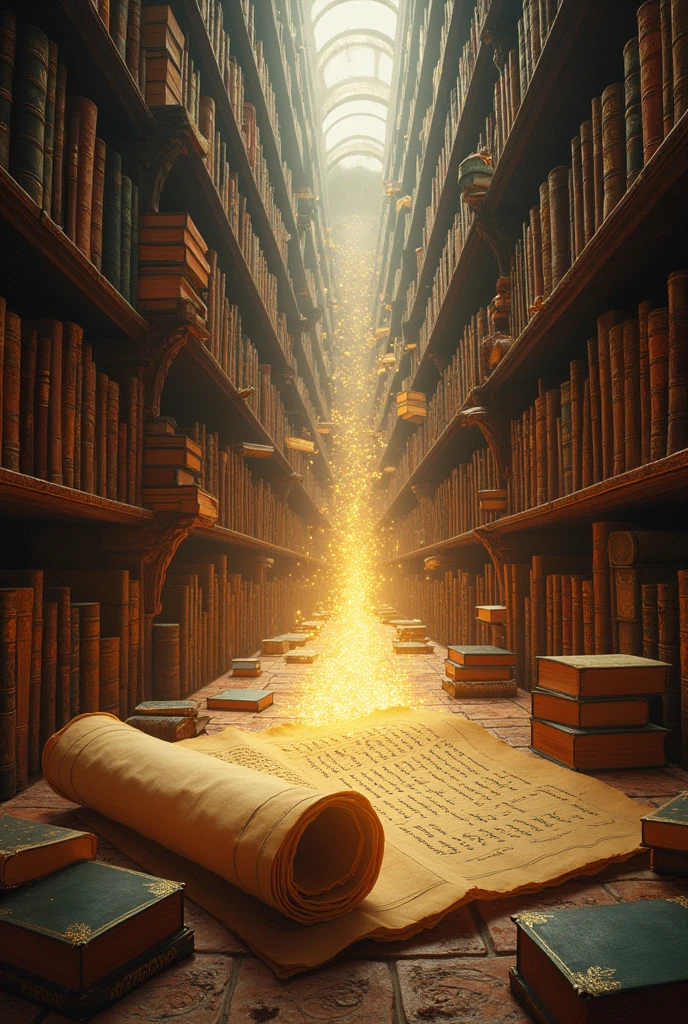 A literal and imaginative depiction of the lyrics 'Tomes and scrolls, in endless rows, Guard the wisdom that ever grows.' The scene is set in the grand library of Candlekeep, where towering bookshelves stretch endlessly into the distance, filled with ancient tomes and scrolls. The perspective emphasizes the infinite rows of knowledge, with each book and scroll glowing softly as if infused with magical wisdom. At the center of the scene, a single scroll unrolls itself, revealing glowing runes that seem to float off the page, symbolizing the ever-growing wisdom. The atmosphere is both serene and mystical, with soft, golden light streaming through high windows, casting long shadows and creating a sense of timelessness. The overall mood is one of awe and reverence for the accumulated knowledge.