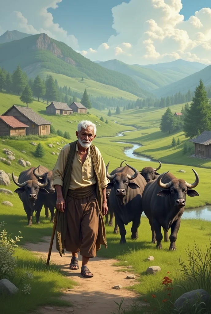 "An elderly man with a small herd of buffaloes in a tranquil rural setting, his life simple and connected to the animals."