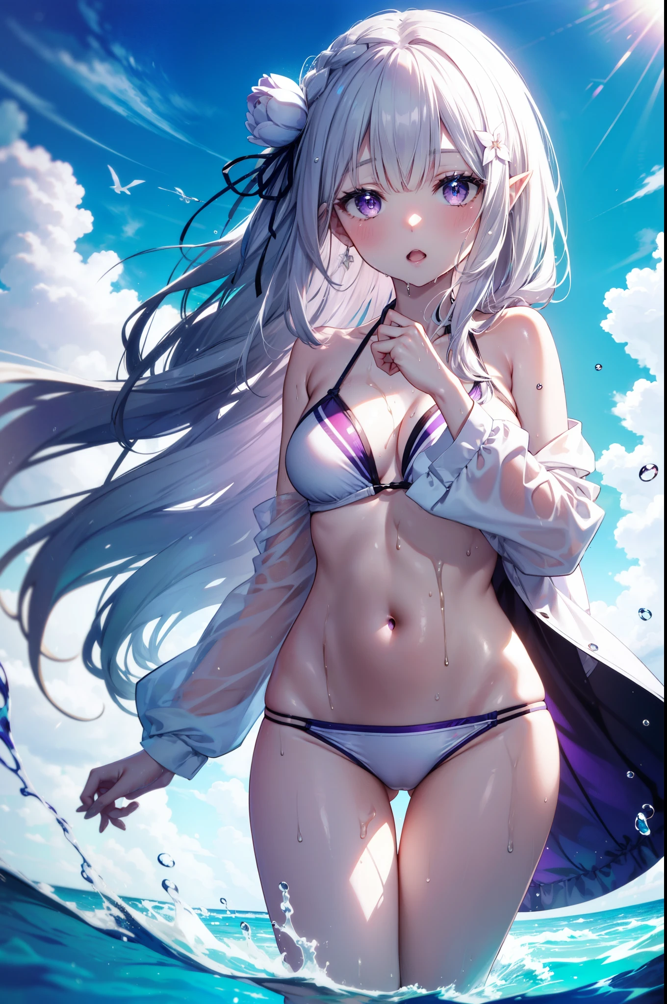 rezeroEmilia, Emilia,flower, hair flower, hair ornaments, Hair Ribbon, Long braids, (Purple eyes:1.2), Pointed Ears, white flower, x hair ornaments, Open your mouth,White string bikini swimsuit,barefoot,Wet Hair,Wet Skin,Wet Hair,Water Play,Daytime,Clear skies,True Summer,whole bodyがイラストに入るように,
break outdoors, Ocean,Beach,
break looking at viewer, whole body,(Cowboy Shot:1.5),
break (masterpiece:1.2), Highest quality, High resolution, unity 8k wallpaper, (figure:0.8), (Beautiful attention to detail:1.6), Highly detailed face, Perfect lighting, Highly detailed CG, (Perfect hands, Perfect Anatomy),