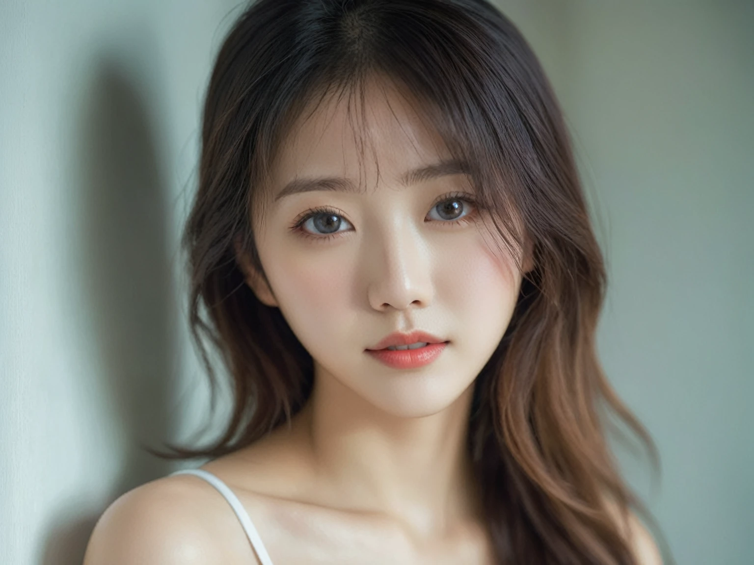 photo of a 20-year-old female, eunji, looking at the camera, wear white slip, full body; dslr, ultra quality, sharp focus, tack sharp, dof, film grain, Fujifilm XT3, crystal clear, 8K UHD, highly detailed glossy eyes, high detailed skin, skin pores