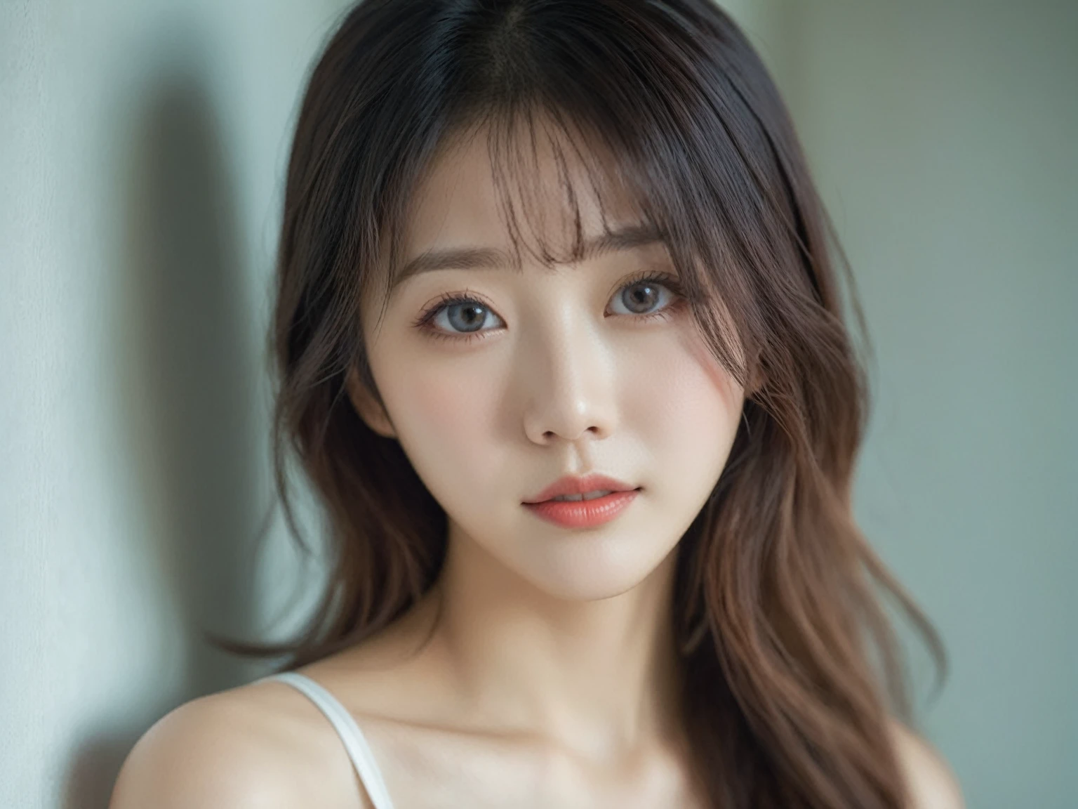 photo of a 20-year-old female, eunji, looking at the camera, wear white slip, full body; dslr, ultra quality, sharp focus, tack sharp, dof, film grain, Fujifilm XT3, crystal clear, 8K UHD, highly detailed glossy eyes, high detailed skin, skin pores