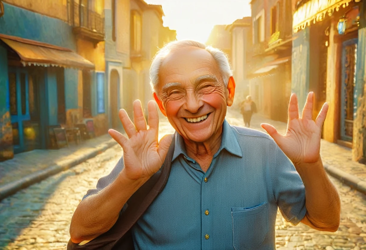 a happy old man, smiling and waving goodbye, detailed face, expressive eyes, wrinkles, warm lighting, golden hour, vibrant colors, photorealistic, 8k, high quality, intricate details, cinematic composition, dramatic lighting, emotion, nostalgic, sentimental, oil painting, muted tones, masterpiece