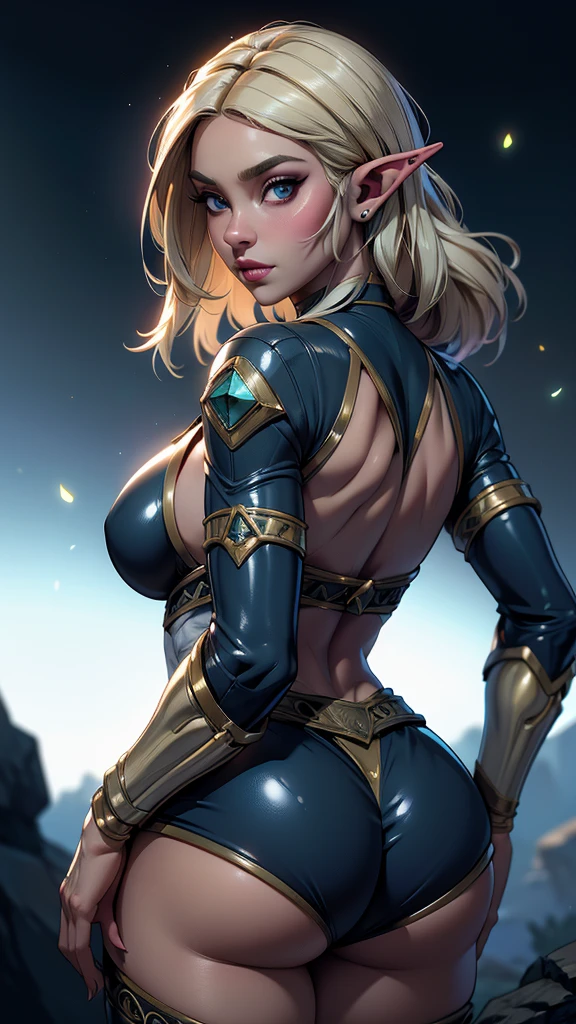 ((masterpiece, best-quality, ultra_detailed)), female elf dressed in latex booty shorts, gorgeous, attractive, african, voluptuous, ample hips, insanelydetailedaccentuatedbigbooty, ((flirty)), looking back at viewer, portrait, photography, detailed skin, Realistic, photorealistic, 8k, highly detailed, full-length frame, HIGH RAW detail color art, piercing, diffused soft lighting, shallow depth of field, sharp focus, shallow depth of field, hyperrealism, cinematic lighting