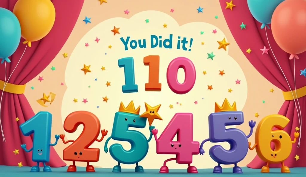 Create a closing screen that highlights the achievement of counting from 1 2 3 4 5  6 7 8 9 10. Show a visual display of the numbers 1 through 10 in a fun, animated style, with a congratulatory message like ‘You Did It!’ or ‘Counting Champions!’ Add elements such as stars or trophies to emphasize success and make it feel rewarding.”