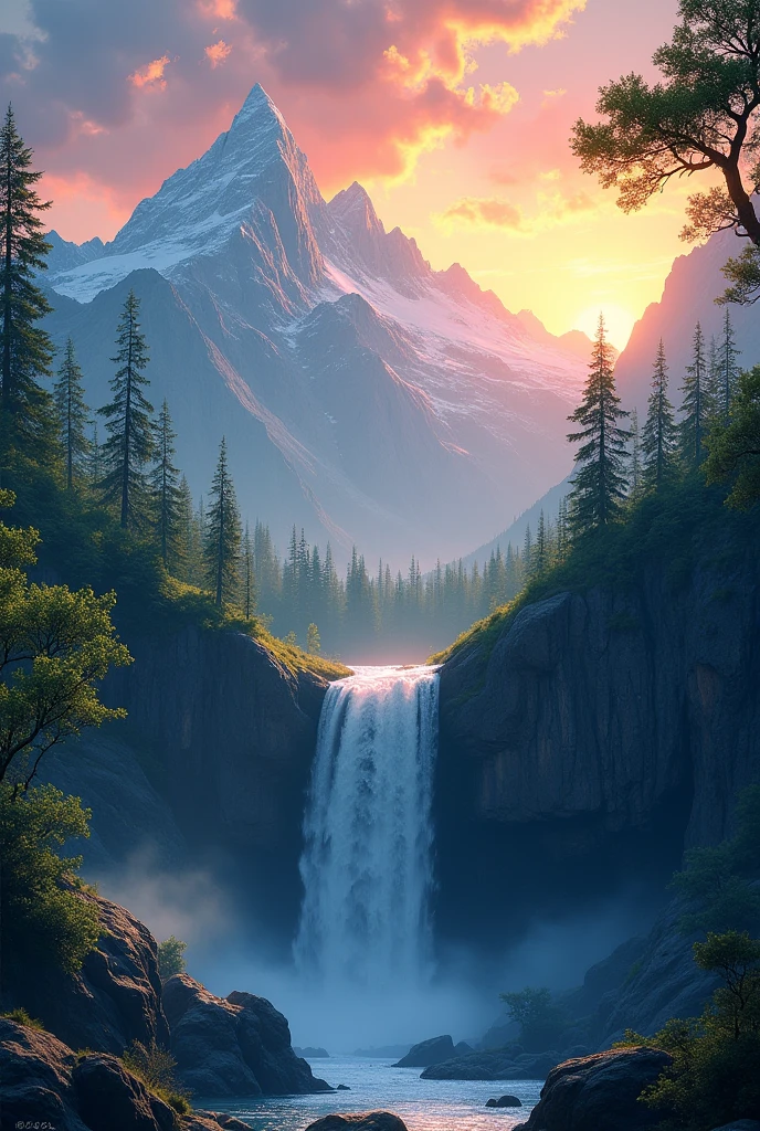 Landscape of mountains,waterfall,trees,sunset