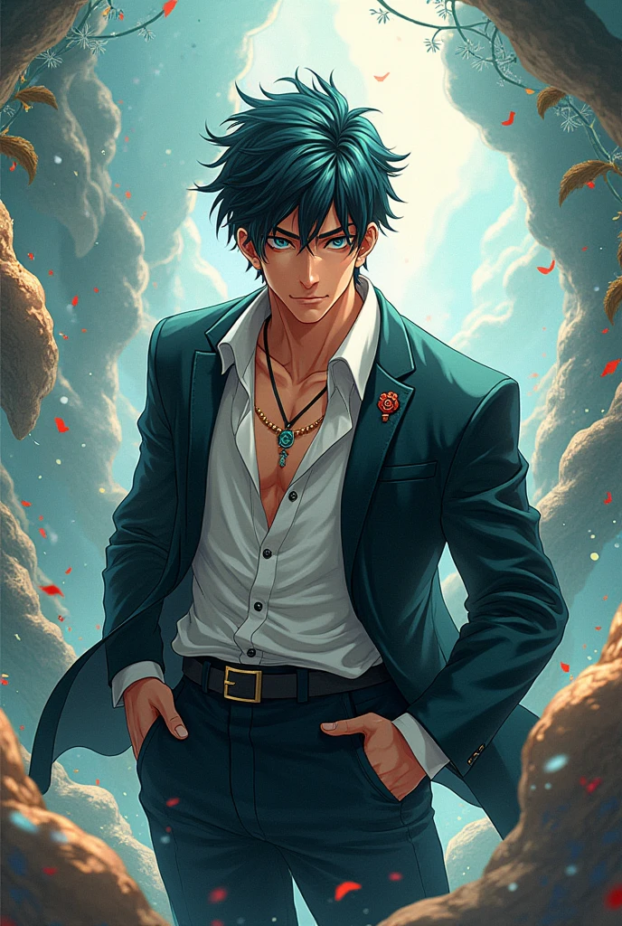 A man who gives quick tips and ideas. Man should be anime and unique . The design should be in jujutsu kaisen style Background would be 3d the man should be like geto