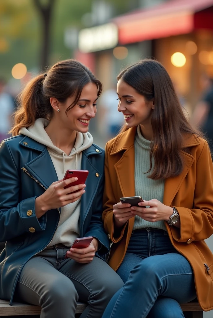 Create a digital image of a visually appealing and realistic scene that depicts two young couples, each composed of a man and a woman, Standing or sitting together, talking while using their mobile phones. Couples should be dressed in modern and casual attire, suitable for a contemporary environment. Make sure the image is of high quality, well lit and visually appealing. The focus should be on the couples' facial expressions, in body language and the devices they are using to convey a sense of conversation and connectivity.”