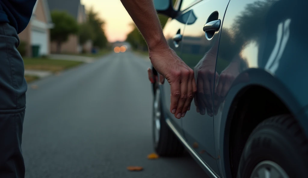 A man's hand opens a car door.