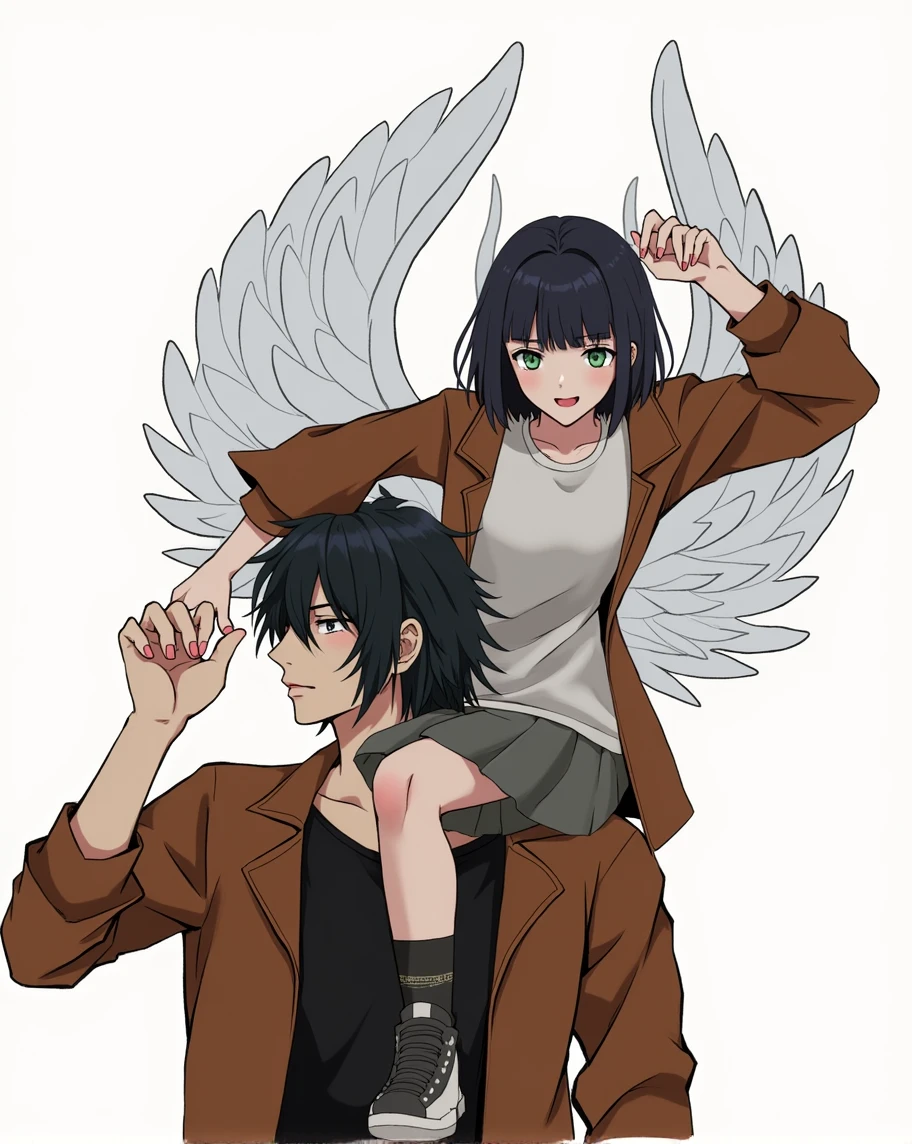 2 people. 1 A guy with long black hair, gray eyes in a black T-shirt and brown jacket, Beautiful face, beautiful body, 2 a girl with angel wings sits on his shoulder black short hair to shoulders, green eyes, anime art, masterpiece, realistically