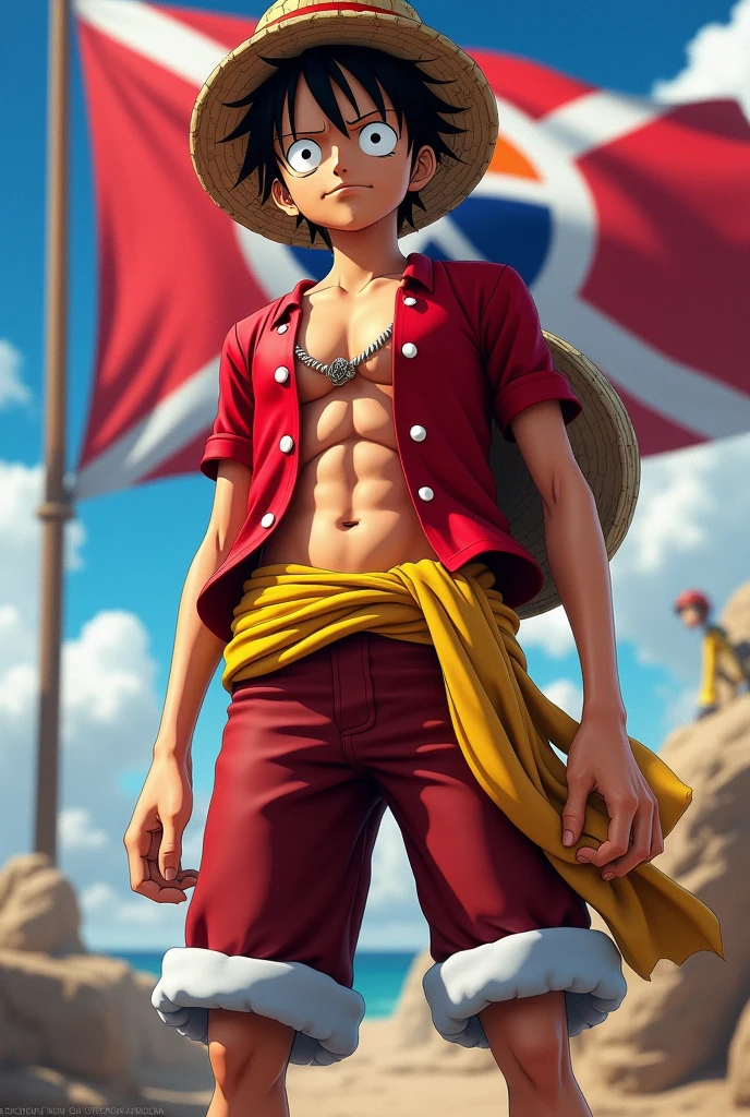 (photorealism:1.2), monkey d-luffy, red and white clothes, red and white flag.