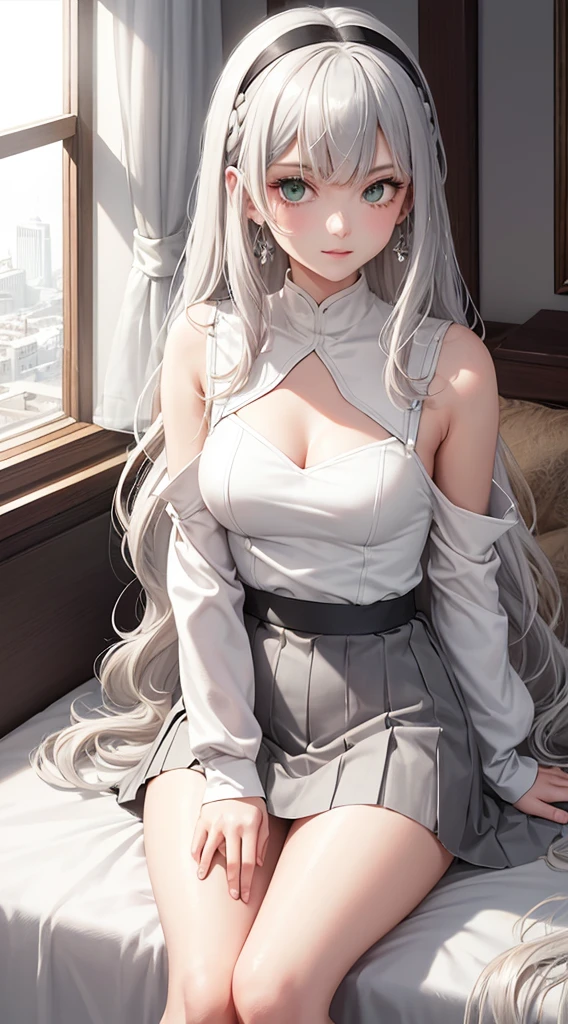Character Details:, - Gender: 1 Girl. - Style: Anime, - Body Type: Attractive body, nice body, nice legs, slim tights, nice arms, nice shoulders. - Breast: (medium Breast:1.2)- Facial Feature: Beautiful, Gorgeous, Teenager, Fresh, Young. - Expression: Small smile, Confident Look, emerald green eyes. - Hairstyle: Blunt Bangs. - Hair Color: (White Grey Hair:1.5), (Straight and Wavy Long Hair:1.3), - Clothing: (Girly White Sweater, Open Sleeves, Can see shoulder, Girly White and Black Skirt:1.6, Girly Stocking.). - Body Pose: (Sitting on bed:1.3), (Hands down).. - Behaviour: Waiting, Want Something, Secretly. - Accessories: Earrings, thin Black Headband, Green Hair Accessories, Environmental Details:, - Setting: Bed Room., - Lighting: Natural Light., - Decoration: Modern Bed, Chair, Window, White Curtain, City View. Top view. pov, anime style, UHD, retina, masterpiece, accurate, anatomically correct, textured skin.