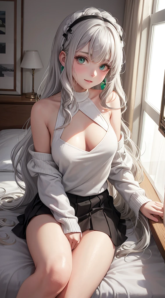 Character Details:, - Gender: 1 Girl. - Style: Anime, - Body Type: Attractive body, nice body, nice legs, slim tights, nice arms, nice shoulders. - Breast: (medium Breast:1.2)- Facial Feature: Beautiful, Gorgeous, Teenager, Fresh, Young. - Expression: Small smile, Confident Look, emerald green eyes. - Hairstyle: Blunt Bangs. - Hair Color: (White Grey Hair:1.5), (Straight and Wavy Long Hair:1.3), - Clothing: (Girly White Sweater, Open Sleeves, Can see shoulder, Girly White and Black Skirt:1.6, Girly Stocking.). - Body Pose: (Sitting on bed:1.3), (Hands down).. - Behaviour: Waiting, Want Something, Secretly. - Accessories: Earrings, thin Black Headband, Green Hair Accessories, Environmental Details:, - Setting: Bed Room., - Lighting: Natural Light., - Decoration: Modern Bed, Chair, Window, White Curtain, City View. Top view. pov, anime style, UHD, retina, masterpiece, accurate, anatomically correct, textured skin.