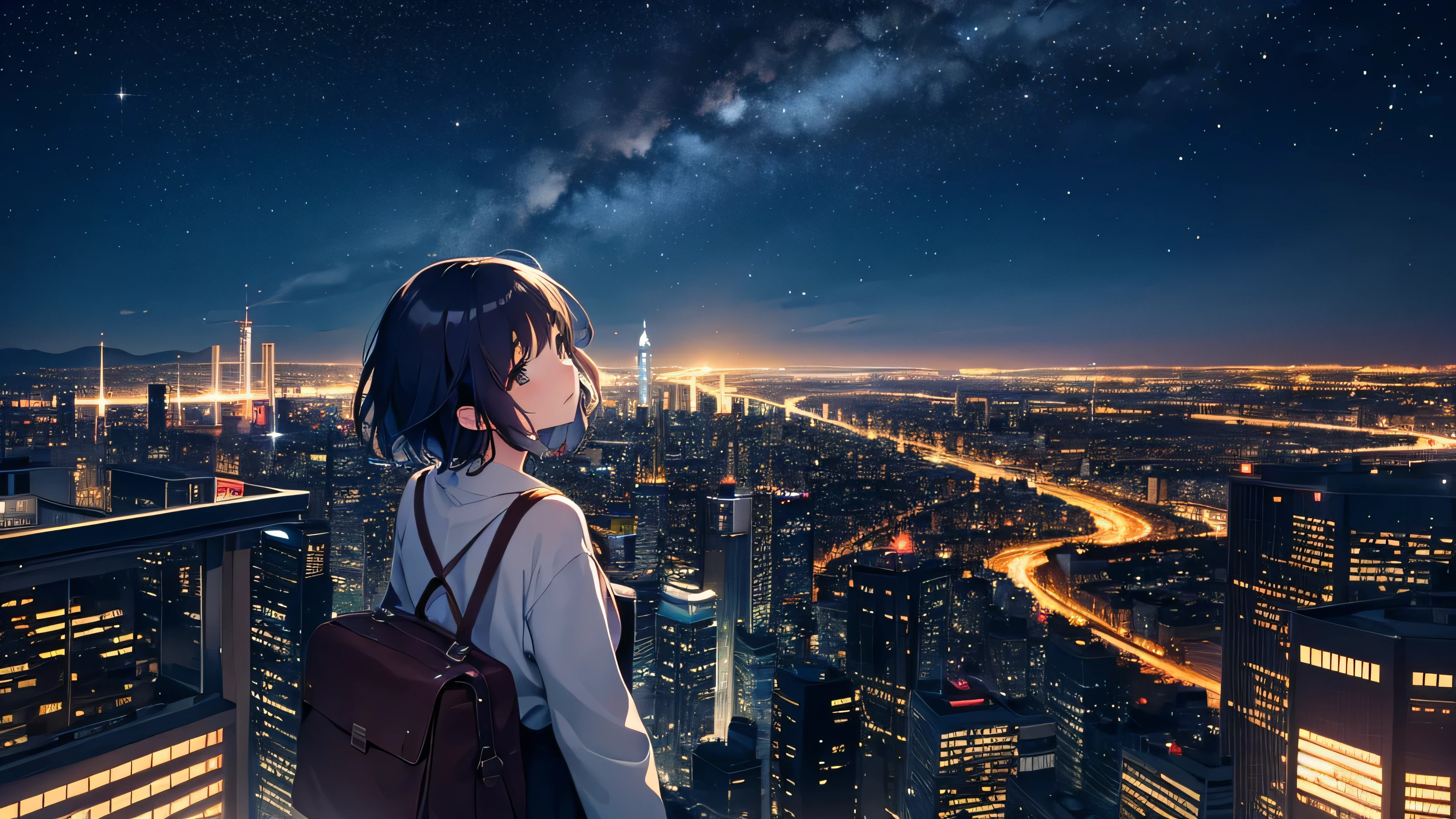 A beautiful cityscape viewed from a high vantage point under a vast starry sky. A girl is looking up at the star-filled night sky, listening to music. The scene should have a Studio Ghibli-inspired style, with a dreamy, whimsical atmosphere. The image should be in a 16:9 aspect ratio.