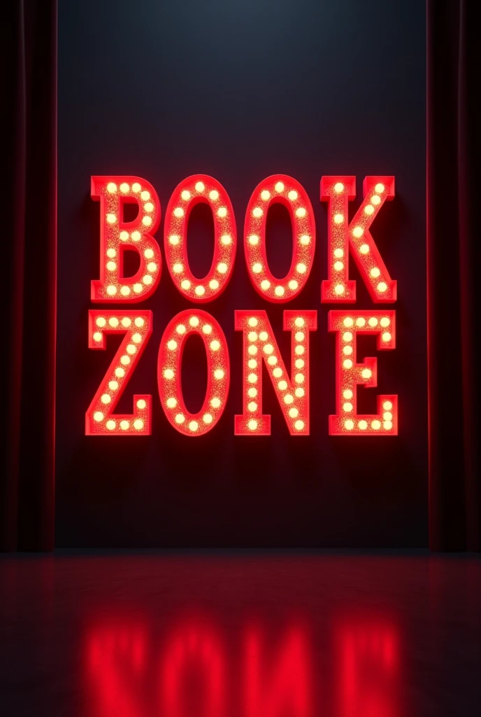 make the title "BOOK ZONE" in the cinema, the background is black, the words "BOOK ZONE" are bright red, which is nice, there is a light, the writing has decorations, the center is red, like now showing in the cinema