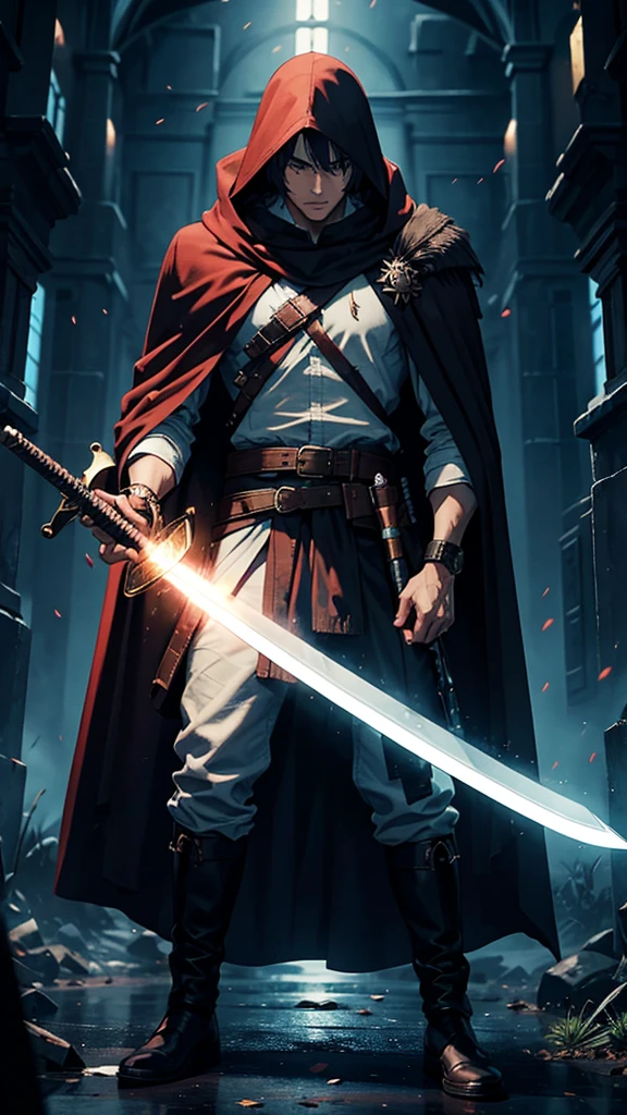 The man has a sword on his back, holds a gun, wears a cloak, and carries a staff.