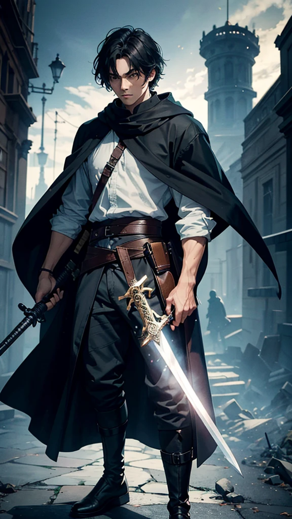 The man has a sword on his back, holds a gun, wears a cloak, and carries a staff.