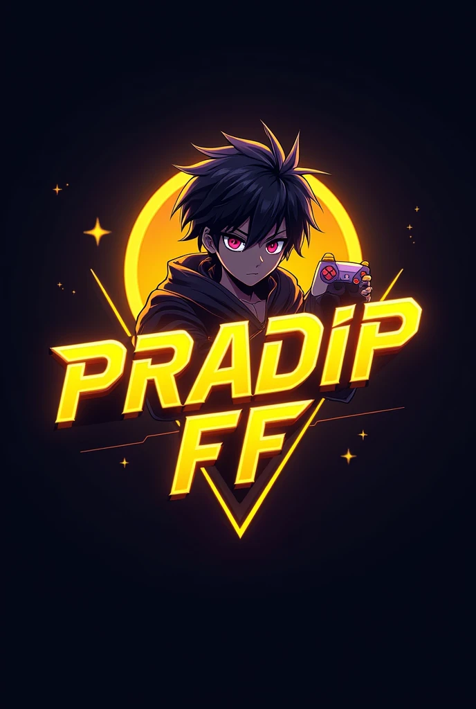 This is a gaming logo that features the name "Pradip FF" in a futuristic font and a neon Golden color. and Boy Anime avtar, The logo also has a stylized controller icon. The logo is designed to be attractive and eye-catching, and to appeal to gaming enthusiasts and YouTube logo .