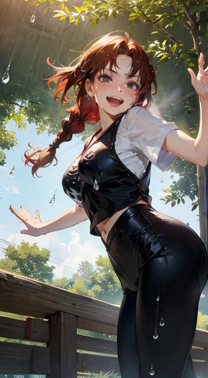 RanmaChan, cabello rojo, Cabello con trenza, ojos azules, ojos detallados, cuerpo completo, pose open door masterpiece, ultra quality, Beautiful detailed, extremely detailed,16K, exquisite, absurdity, highres, Beautiful background, Beautiful eye, Beautiful skin, anime style, 1girl, solo, looking at viewer, upper body focus, :1.5))), huge breasts, big ass, red_hair, single braids BREAK Ranma red_shirt, ranma black_pants, Black_kung fu_shoes BREAK cameltoe, cheeky smile, wide open mouth, double teeth, cheeky girl, dynamic pose, ( Kick with one leg raised high: 1.3), (I-shaped balance: 1.1), detailed hands, detailed feet, perfect anatomy, (sweat droplets: 1.5), outdoor, pine, Togenkyo,