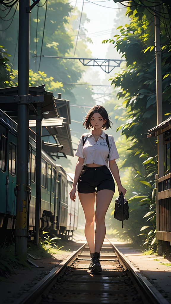 A young woman is walking on the train tracks in the middle of the forest. She is wearing short sexy clothes. Her hips are big. It is evening and it is sunny.