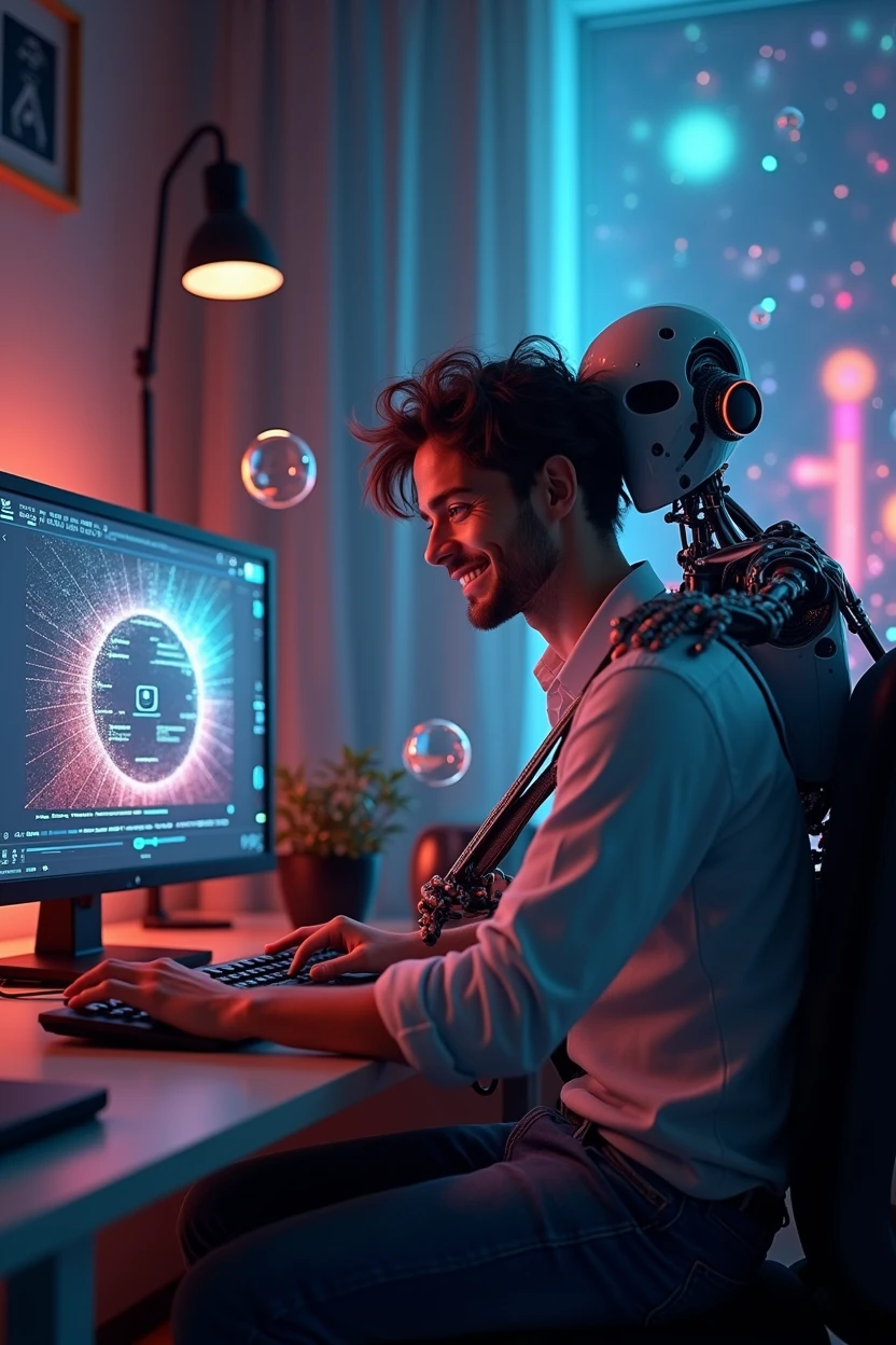 In a dark room、一peopleの男性がパソコンに向かい、Creating music with AI。Beats and melodies are displayed on the AI screen.々It will be displayed as follows、The man keeps the rhythm to it.。After the music is complete、Sound spreads from the speakers、people々々He gets up in response to the music、She starts swaying her body with a lively expression.。This is a high-quality 4K masterpiece CG image featuring highly detailed and intricate designs.。Intricate details、1:ギターを持った1peopleの(Brown Hair、Messy hair all over the body、),Super delicate eyes,Jeans top and bottoms,(In the center, a face with a sly smile)、1:の横に擬people化した粒子のAI,(擬people化AIしたAIは、Hugging from behind)Background is in neon pop abstract art style、1:Computer room,Cinema Lighting、A lot of bubbles flowing in detail、It features slowly moving notes。The whole is surrounded by ultra-fine particles.、Focus on happiness and dynamic background elements、It's a vivid and complex image.。