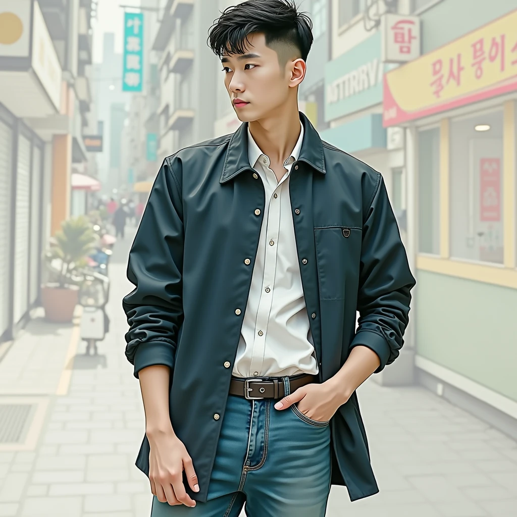 A Korean man standing in a street white shirt jeans pant and jacket, buzz cut, very Short hair, 1 inch hair, short Comma hairstyle
