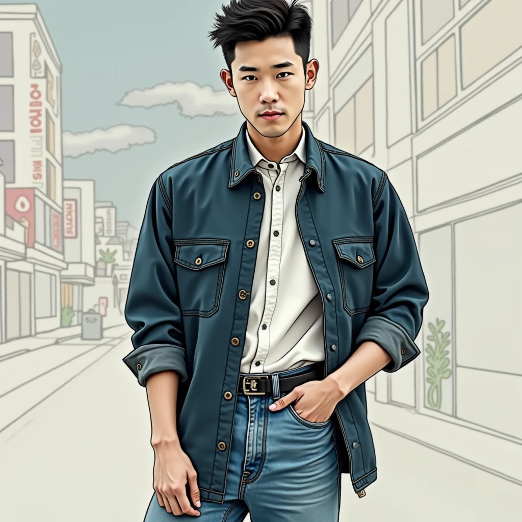 A Korean man standing in a street white shirt jeans pant and jacket, buzz cut, very Short hair, 1 inch hair, short Comma hairstyle