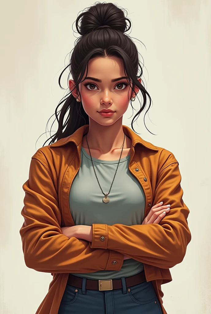 generate a image where a girl is looking in the eyes with confidence and is depicting 5 second powerful pause depict a girl as a leader with folded arms