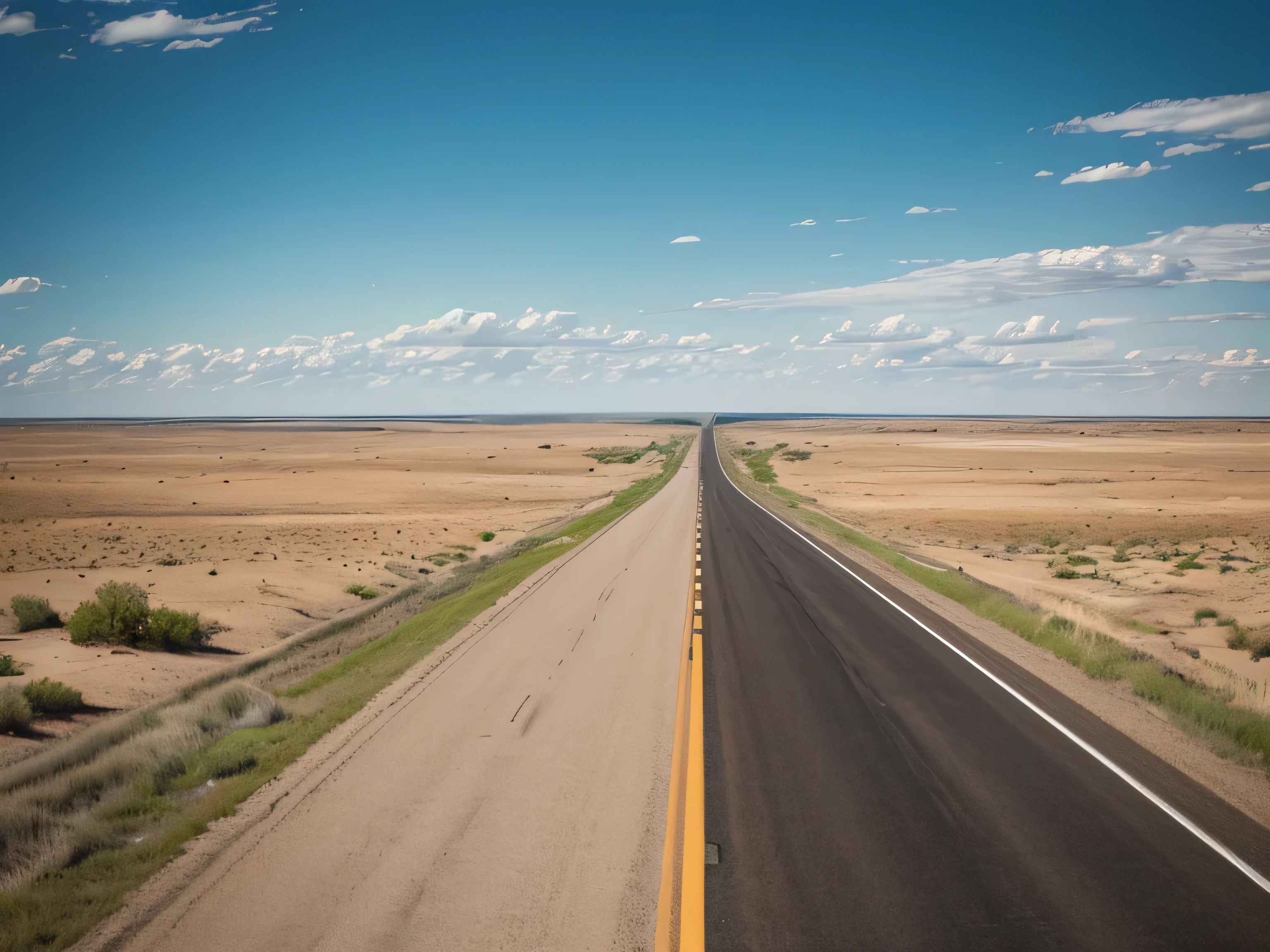 The American prairie　the roads stretch to the horizon　there are no trees or plants around, only dirt and rocks