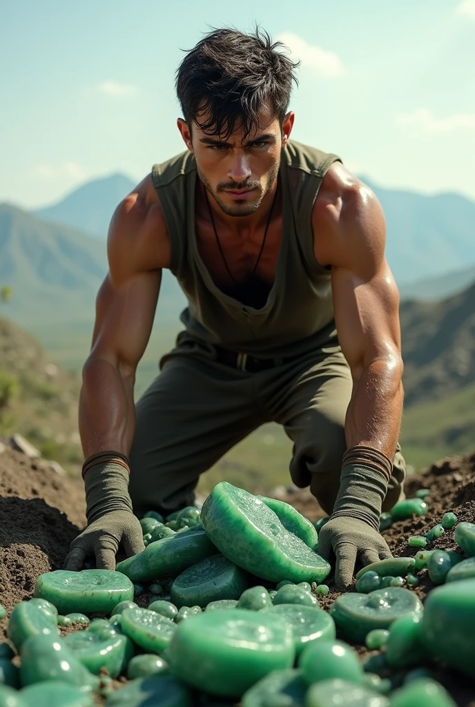 Europian young guy,mining jade,full boy with clothes,sweating,hardworking,wide view,not looking camera