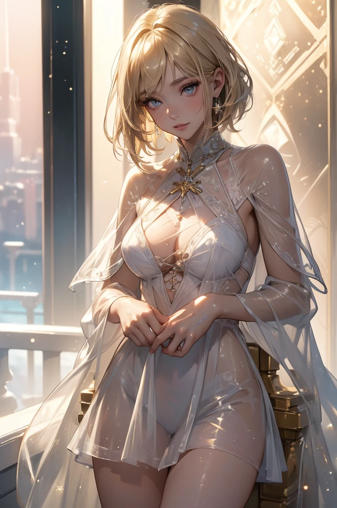 ((((masterpiece, best quality, high resolution)))), Extremely detailed 8K, Beautiful girl with slender body, e-girl, (Ultra HD, Ultra-detailed, Highly detailed, Highly realistic, Ultra-realistic, photograph realistic), (1girl:1.5), (Realistic blonde hair with dark roots), wavy hair, boho bob cut,(dark makeup, pink eyeshadow), facing at camera, light smile, (white and gold outfit, see through clothes, wet skin, transparent). (space cruise), coy grin, sydney sweeney