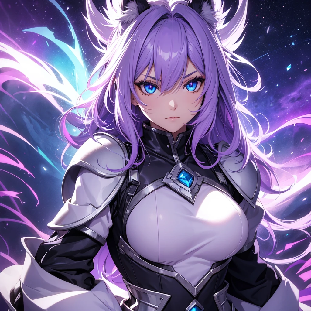 female wolf, purple hair and white fur, shiny blue eyes, dark armor, cosmic powers