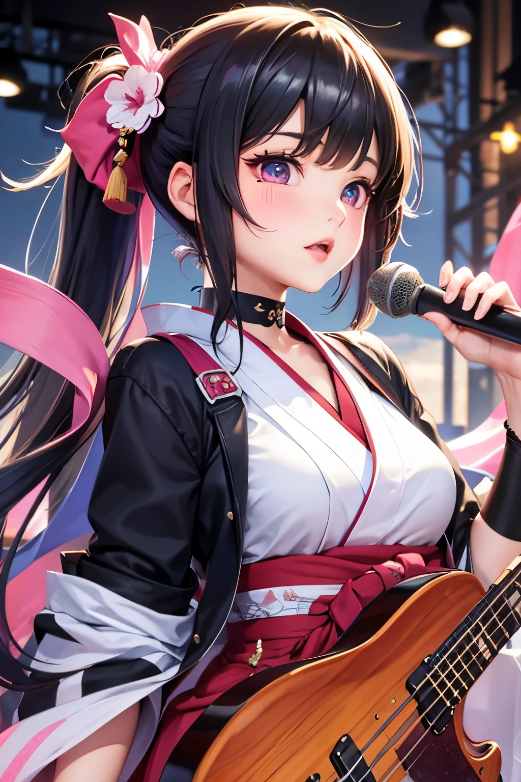 masterpiece, best quality, highly detailed, high resolution, expensive resolution, high resolution, 4k, 8k, Unity 8k wallpaper, highly detailed CG, masterpiece, 2d, 3d, beautiful details, depth, fine texture, best quality: 1.3, perfect focus, crispy skin, he, very cute anime girl, beautiful and cute girl in band playing bass guitar and singing in band wearing Japanese fancy patterned haori hakama on outdoor stage, full body, expensive black hair with pink inner short twin tail hair, mole under eye, looking at the viewer, expensive, blush, mole, open lips, , heart shaped choker, pink eyes, bass guitar, vocals, stage, outdoor festival stage