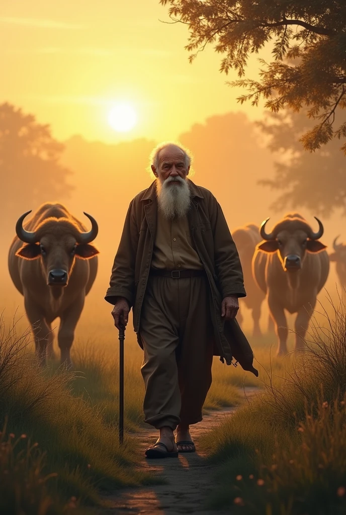 "An old man rising before dawn, slowly walking with a cane to a pasture where buffaloes are peacefully waiting, early morning light in the background."