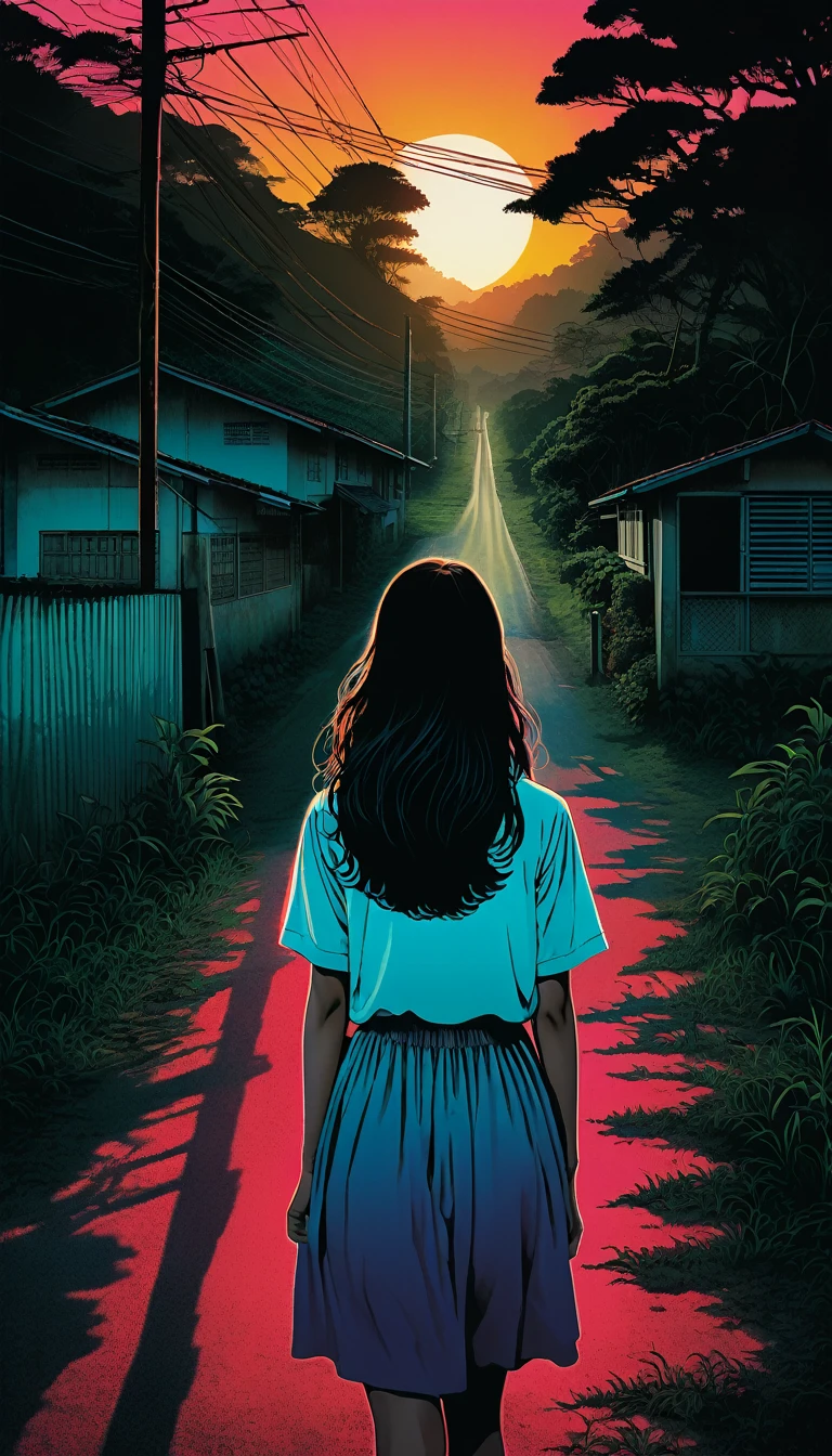 An illustration、art、80s Thai horror movie poster, Supervised by Junji Ito、(high school student:1.2)、countryside、evening、Attention to detail, Realistic Shadows、Analog Style, chromatic aberration, Surrealism、Complementary Gradient