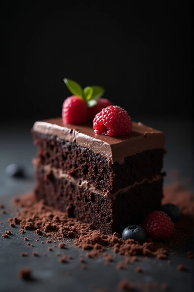cinematic film still chocolate, chocolate cake, dark background, quality photo, moist texture, frosting, studio photo, slice . shallow depth of field, vignette, highly detailed, high budget, bokeh, cinemascope, moody, epic, gorgeous, film grain, grainy
