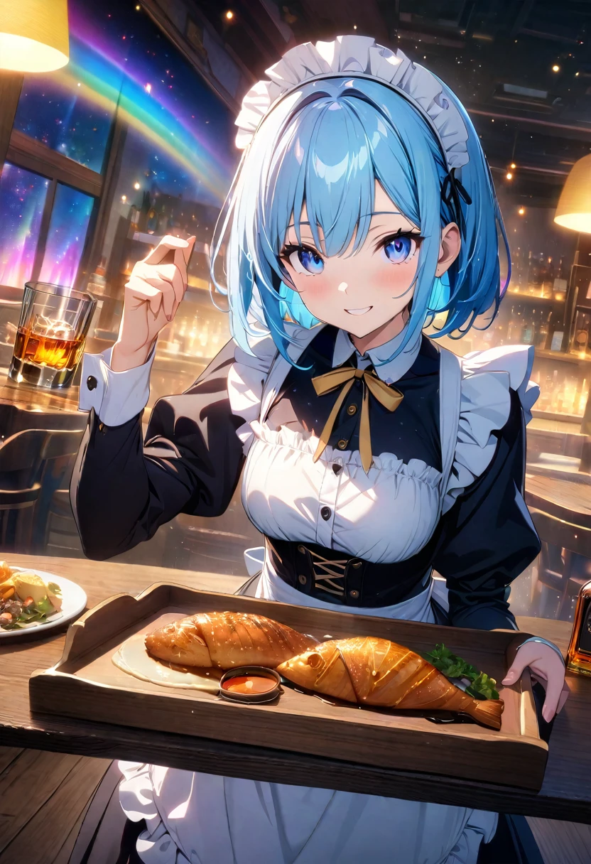 (wallpaper 8k CG), (masterpiece:1.4), (best quality), anime style, drawn, (maid), ((blue maid costume)), (((pale blue hair))), (blue eyes)(smile), (whisky, on a tray)), ((food, on the table)), ((Inside a Western restaurant)), (insanely detailed), (gold light effects:1.5), (looking at viewer:1.2), (rainbow aurora night sky,effects:1.3), (luminous particles:1.5),